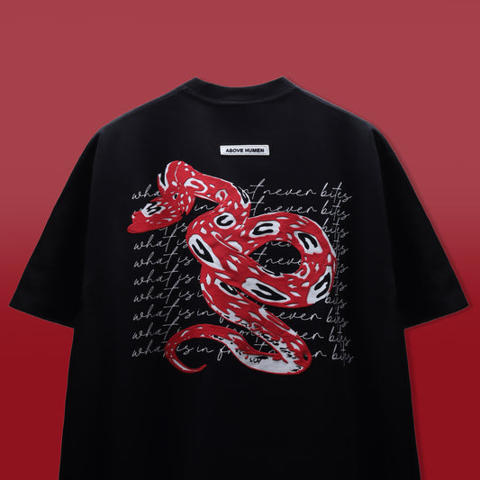 What Is In Front Never Bites Black T-Shirt